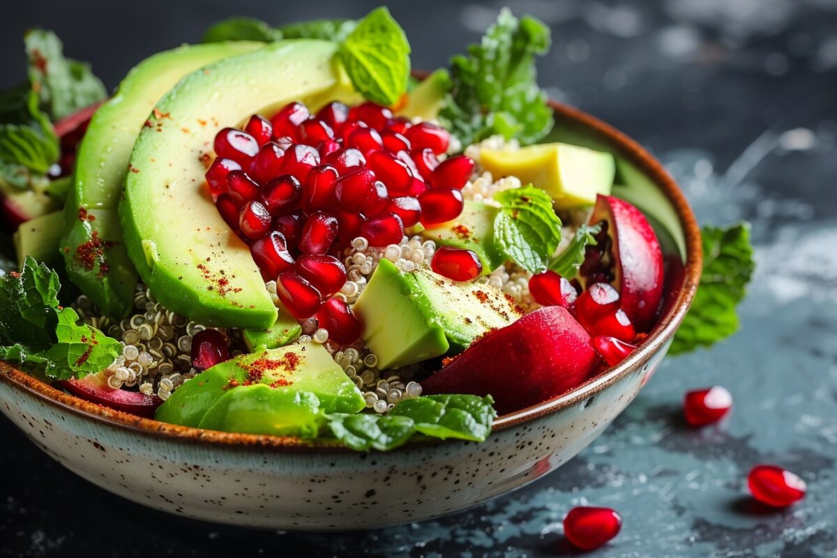 Éclat de saveurs : salade végétalienne de quinoa, avocat et grenade