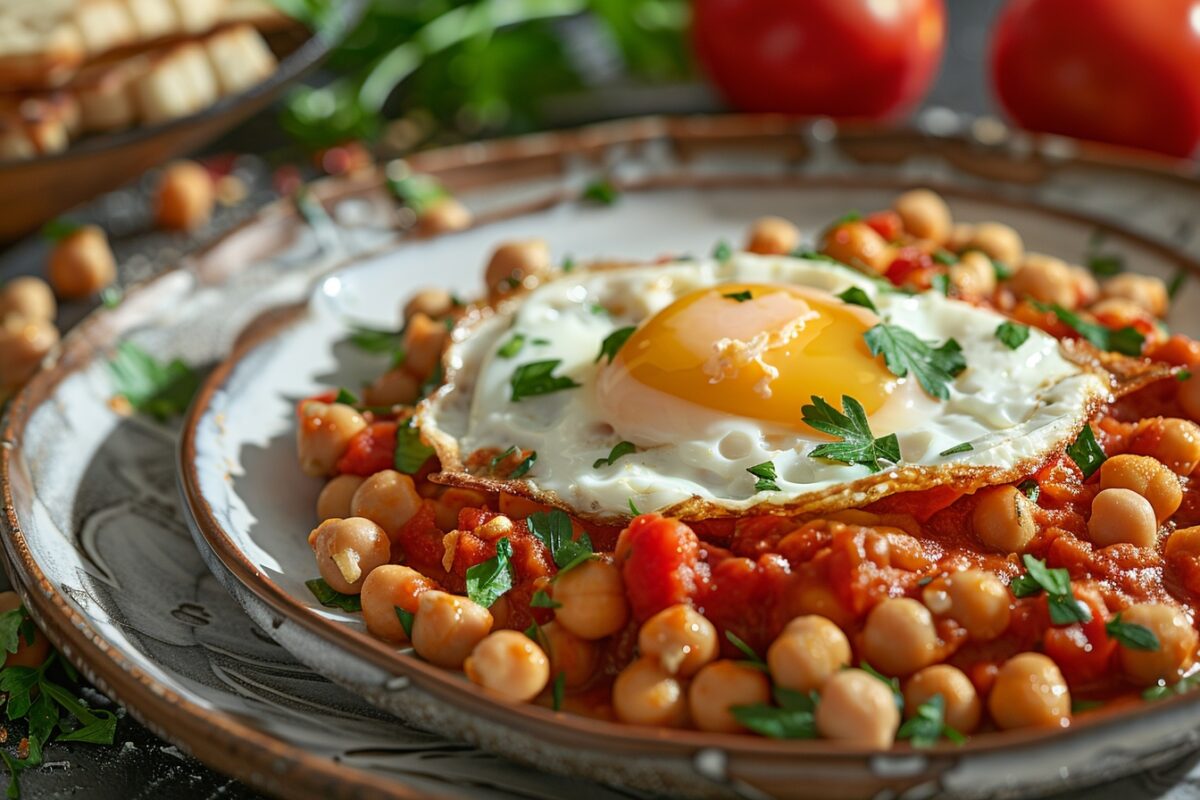 Pourquoi 90% des gourmets craignent de manquer cette recette simple de pois chiches à la tomate et œuf au plat ?