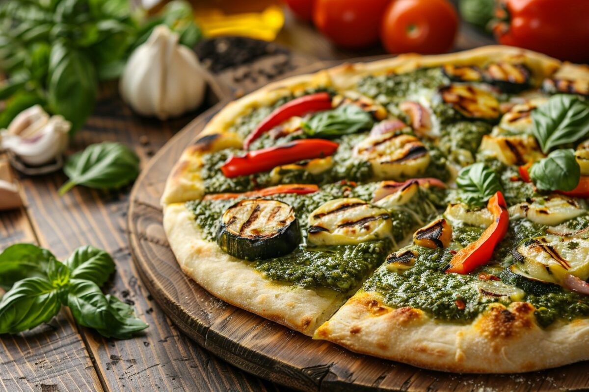 Pizza maison au pesto et légumes grillés de tous les records, une explosion de saveurs vertes et grillées